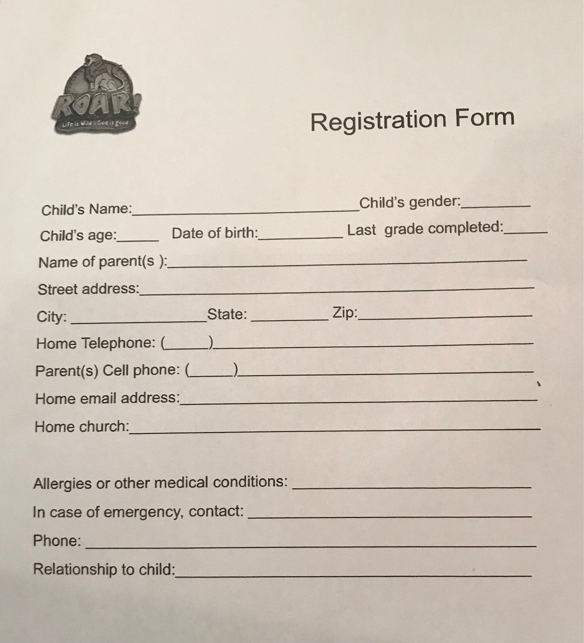 VBS registration form St. Catherine's Episcopal Church